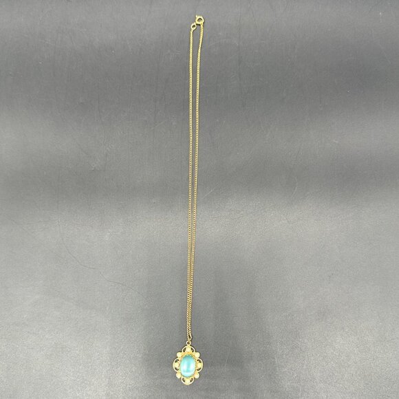 Vintage Moon Glow Necklace Victorian Style Turquoise Gold Tone Pendant Retro - Picture 3 of 8